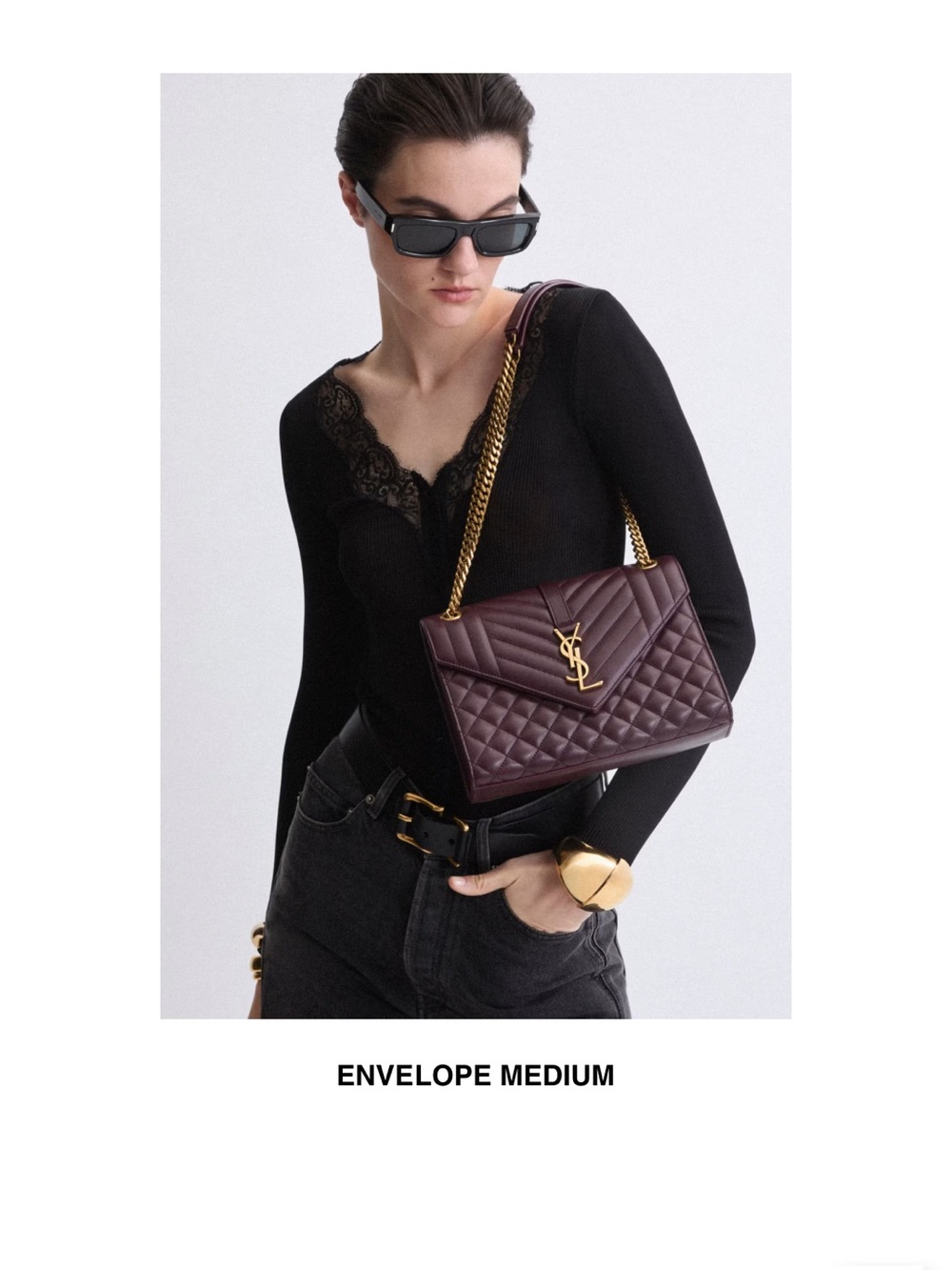 SAINT LAURENT ENVELOPE BAG MEDIUM 
IN QUILTED GRAIN DE POUDRE EMBOSSED LEATHER - Picture 15 of 16